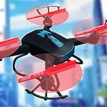 빨간 날개가 있는 검은 드론이 도시 배경 위에 떠 있는 모습