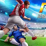 축구 경기 중 빨간색 유니폼을 입은 선수가 파란색 유니폼을 입은 수비수를 넘어 공을 차는 장면