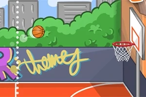 야외 농구 코트에서 농구공이 바구니로 날아가고 있는 만화 스타일의 그림