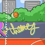 야외 농구 코트에서 농구공이 바구니로 날아가고 있는 만화 스타일의 그림