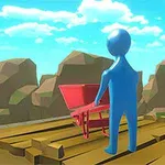 파란색 캐릭터가 나무 다리 위에서 붉은색 손수레를 앞에 두고 산 배경을 바라보고 있는 모습