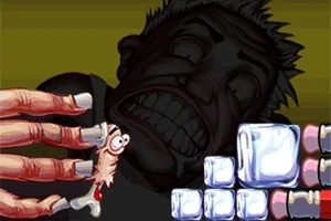 한 남성이 그림자 속에 이를 드러내며 웃고 있고, 전면에는 긴 손가락으로 작은 캐릭터를 잡고 있으며, 얼음 같은 블록이 화면 일부분에 있습니다