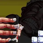 한 남성이 그림자 속에 이를 드러내며 웃고 있고, 전면에는 긴 손가락으로 작은 캐릭터를 잡고 있으며, 얼음 같은 블록이 화면 일부분에 있습니다