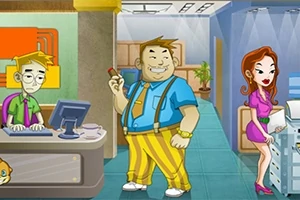 사무실 안에서 일하는 세 명의 만화 캐릭터, 각각 컴퓨터 앞에 앉은 남자, 중앙의 체크무늬 바지를 입은 남자, 복사기 앞에서 문서를 보고 있는 여자가 그려져 있습니다