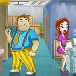 사무실 안에서 일하는 세 명의 만화 캐릭터, 각각 컴퓨터 앞에 앉은 남자, 중앙의 체크무늬 바지를 입은 남자, 복사기 앞에서 문서를 보고 있는 여자가 그려져 있습니다