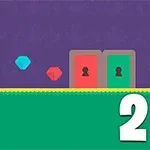 파란색 배경에 눈이 있는 빨간 사각형과 파란 나무 형태의 캐릭터가 있으며, 가운데에 하늘색과 빨간색 보석이 떠 있고 오른쪽에는 두 개의 문이 있는 그림