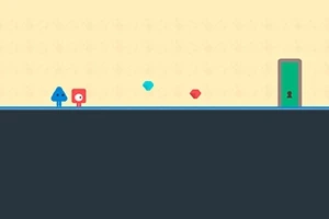 파란색 나무와 빨간색 정사각형 캐릭터가 있고, 두 개의 보석과 초록색 잠긴 문이 있는 화면