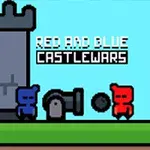파란색과 빨간색 캐릭터가 대포와 성 옆에 서 있는 픽셀 아트 이미지