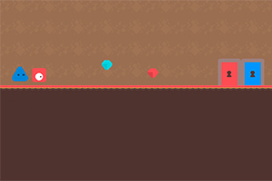 파란 삼각형과 빨간 사각형의 캐릭터가 두 개의 자물쇠가 있는 문을 향해 걸어가고 있습니다