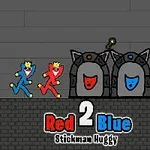 빨간색과 파란색 스틱맨 캐릭터가 회색 벽 앞에서 두 개의 돌문을 향해 달려가고 있습니다