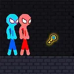 파란색과 빨간색 캐릭터가 황금 열쇠를 바라보며 눈 모양이 있는 문 앞에 서 있는 장면