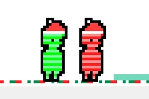 녹색과 빨간색 줄무늬를 가진 두 픽셀 아트 캐릭터가 하얀 배경 위에 서 있는 모습
