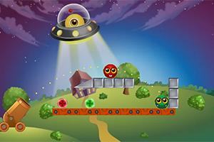 초원 위에 외계인 비행접시가 빛을 비추고 있고, 두 개의 눈 달린 공과 대포가 있다