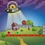 초원 위에 외계인 비행접시가 빛을 비추고 있고, 두 개의 눈 달린 공과 대포가 있다