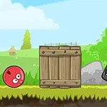 초원 배경에서 빨간 공 모양 캐릭터와 나무 상자, 검은 블록이 있는 이미지