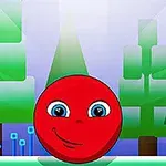 빨간색 공이 웃고 있는 얼굴을 하고 있으며, 나무가 있는 밝은 숲 속 배경