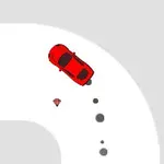 빨간 자동차가 하얀 도로에서 커브를 돌며 검은 타이어 자국을 남기고 있다