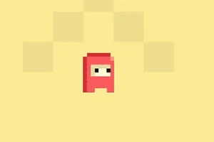 빨간색 픽셀 아트 캐릭터가 노란 배경에 있는 모습
