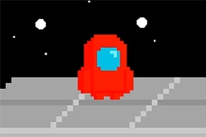 빨간색 우주복을 입은 캐릭터가 밤하늘을 배경으로 회색 플랫폼 위에 서 있다