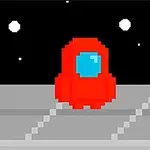 빨간색 우주복을 입은 캐릭터가 밤하늘을 배경으로 회색 플랫폼 위에 서 있다