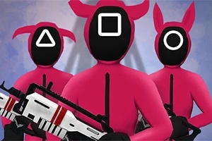 세 개의 가면을 쓴 핑크색 유니폼을 입은 사람들이 기호가 그려진 검은 얼굴을 보이며 총을 들고 있다