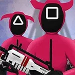 세 개의 가면을 쓴 핑크색 유니폼을 입은 사람들이 기호가 그려진 검은 얼굴을 보이며 총을 들고 있다