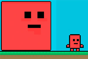 파란 배경에 두 개의 빨간 사각형 캐릭터가 있는 이미지로, 왼쪽에는 큰 캐릭터, 오른쪽에는 작은 캐릭터가 서 있습니다