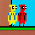 노란색과 빨간색 픽셀 캐릭터가 나란히 서 있는 장면