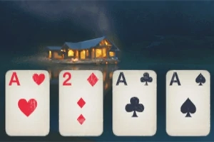 어두운 배경에 조명이 켜진 집과 네 장의 카드가 나란히 놓여 있다