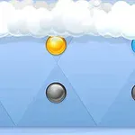 구름 아래 초록색, 노란색, 파란색 구슬과 회색 버튼이 있는 하늘색 배경