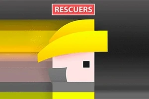 노란 헬멧을 쓴 픽셀 스타일의 인물 옆모습과 상단의 RESCUERS라는 빨간색 텍스트