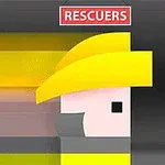 노란 헬멧을 쓴 픽셀 스타일의 인물 옆모습과 상단의 RESCUERS라는 빨간색 텍스트