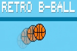 레트로 스타일의 픽셀 아트 농구공과 RETRO B-BALL 텍스트가 있는 하늘색 배경 이미지