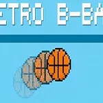 레트로 스타일의 픽셀 아트 농구공과 RETRO B-BALL 텍스트가 있는 하늘색 배경 이미지