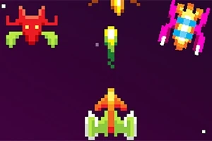 우주 배경에 여러 색상의 픽셀화된 우주선과 적 비행선이 있는 이미지