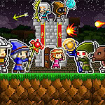 다양한 캐릭터들이 밤하늘 배경 앞에서 성을 바라보고 있는 픽셀아트