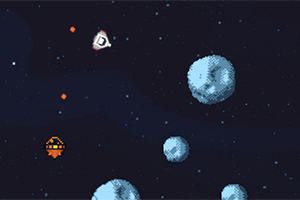 우주 속 작은 우주선과 여러 개의 파란 소행성이 있는 픽셀 아트 이미지