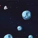 우주 속 작은 우주선과 여러 개의 파란 소행성이 있는 픽셀 아트 이미지
