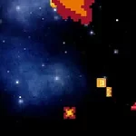 우주 배경에 있는 픽셀 그래픽의 우주선과 행성 및 다양한 아이템들