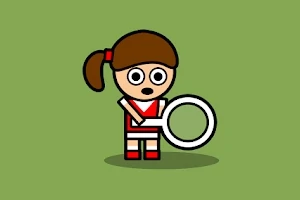 갈색 머리를 묶은 소녀가 빨간색과 흰색 스트라이프 옷을 입고 테니스 라켓을 들고 있는 그림