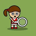 갈색 머리를 묶은 소녀가 빨간색과 흰색 스트라이프 옷을 입고 테니스 라켓을 들고 있는 그림