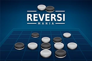 파란색 배경 위에 흑백 돌들이 놓인 격자 무늬 판과 REVERSI MANIA라는 글자가 있는 이미지