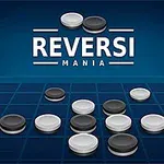 파란색 배경 위에 흑백 돌들이 놓인 격자 무늬 판과 REVERSI MANIA라는 글자가 있는 이미지