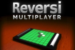 녹색 격자 무늬 보드 위에 놓인 검정색과 흰색 돌, 그리고 Reversi Multiplayer라는 텍스트가 있습니다