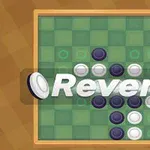 초록색 격자 무늬 보드 위에 흑백 돌이 놓여 있고 Reversi라는 글자가 겹쳐져 있습니다