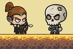 요정 궁수가 해골 전사와 대치하고 있는 장면