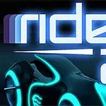 파란색과 주황색 네온 스타일의 오토바이가 어둠 속에서 빛나며 rider 2라는 텍스트가 상단에 위치해 있는 이미지