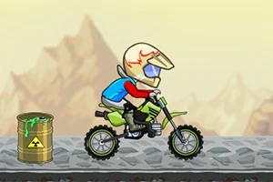 오토바이에 탄 헬멧 쓴 캐릭터가 방사능 표지의 드럼통 옆을 지나가는 모습입니다