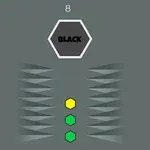 회색 배경에 육각형 속 BLACK 글자와 노란색 및 녹색 육각형 아이콘이 중앙에 배열되어 있고, 양쪽에 회색 화살표 패턴이 배치되어 있다