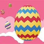 분홍색 하늘 배경에 다양한 색상의 지그재그 무늬가 있는 큰 알과 작은 알들이 떠 있는 모습